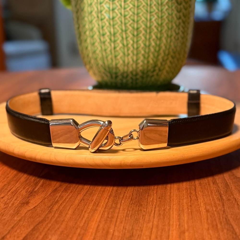 Avignon adjustable Wide Black Leather Belt w/Silver Buckle made in USA SzSm
